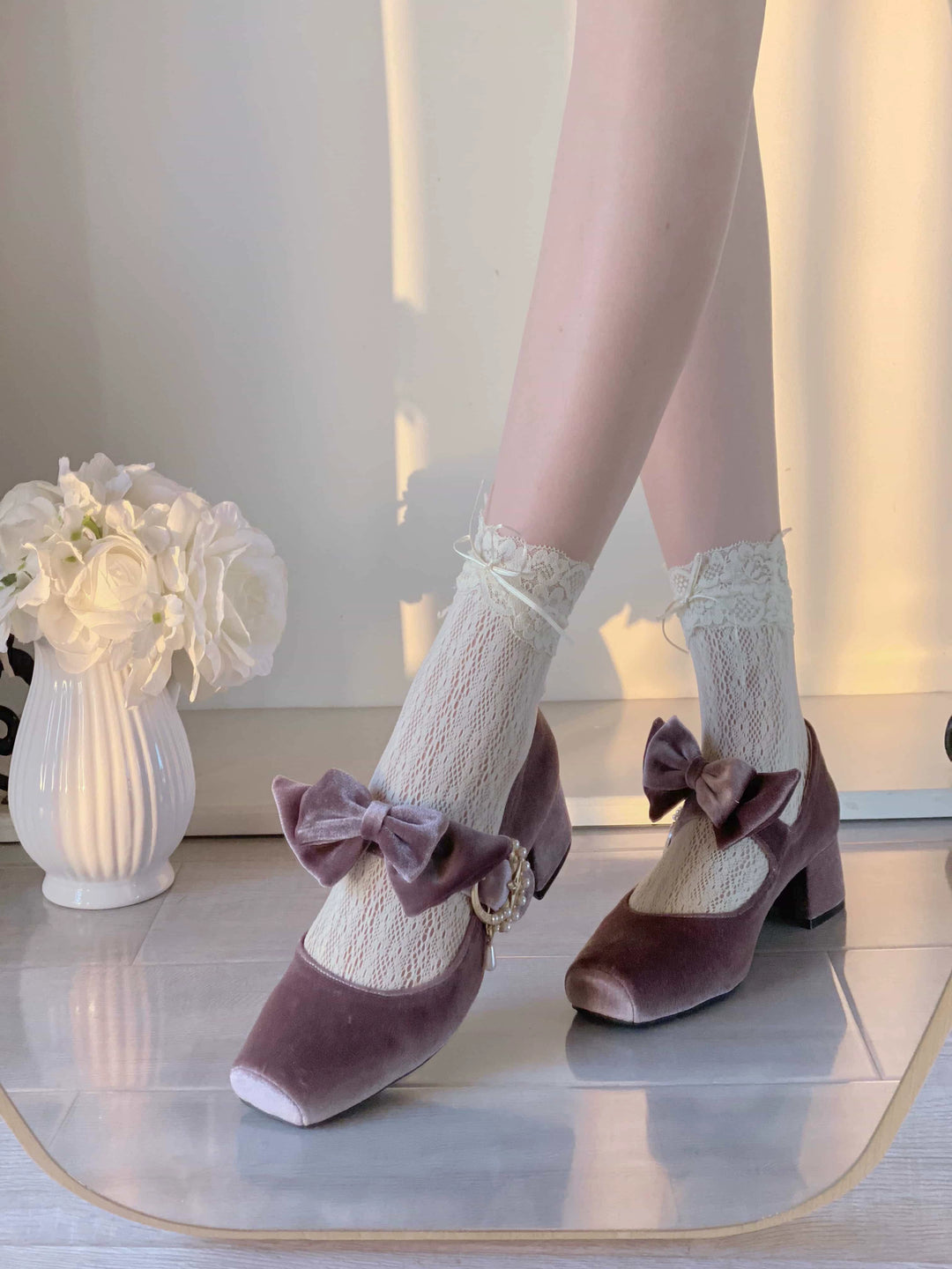 Pure tea for dream~Angel Velvet~Sweet Lolita Shoes Mid-heel Velvet Shoes 34 Grape Purple 