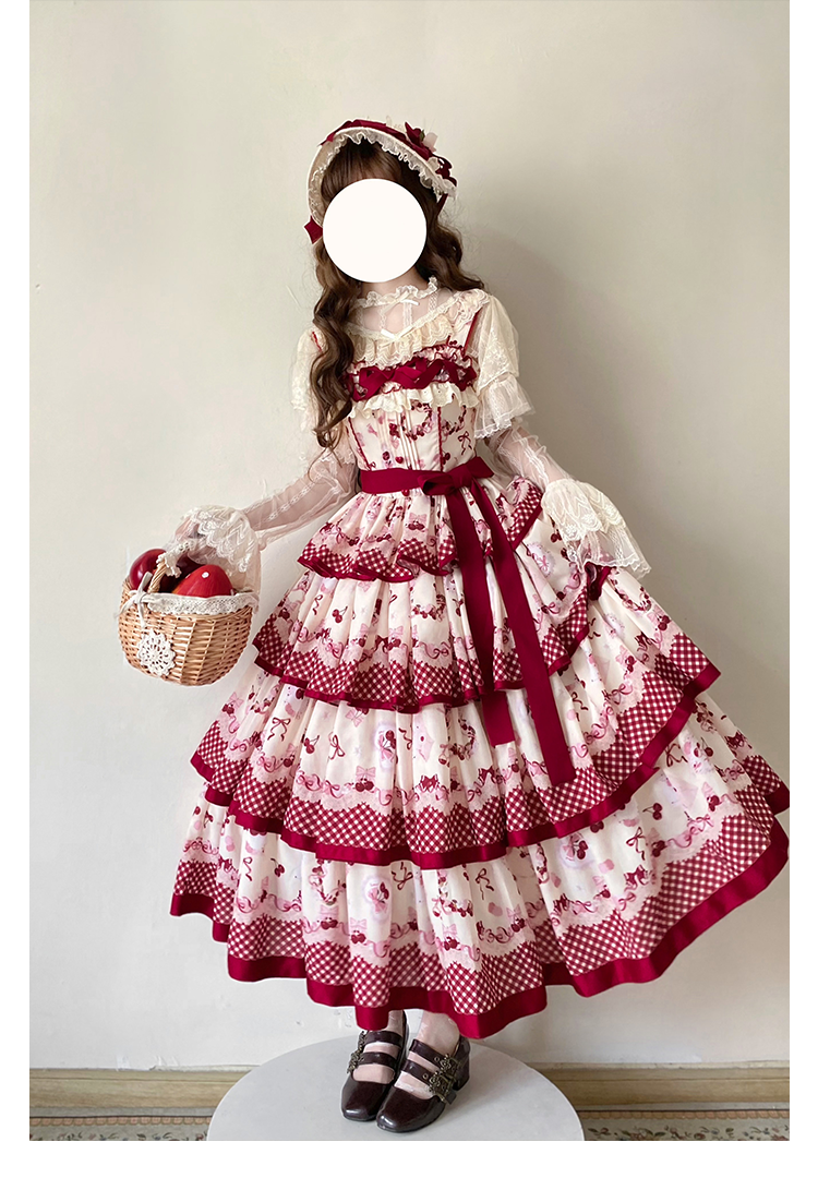 Honey Machine~Ripe Cherry~Country Lolita JSK Dress With Tiered Skirt and Cherry Print