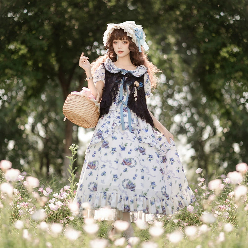 With PUJI~Berry Basket~Country Lolita OP Dress Blueberry Print Dress   