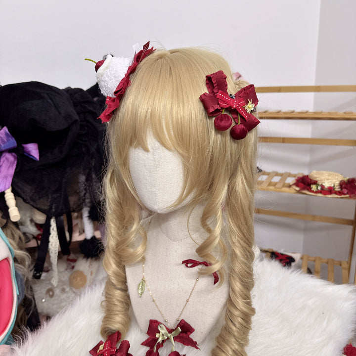 Chestnut Lolita~Sweet Lolita Headdress Cherry Hair Clip Straw Hat Necklace Handmade Set cherry necklace  