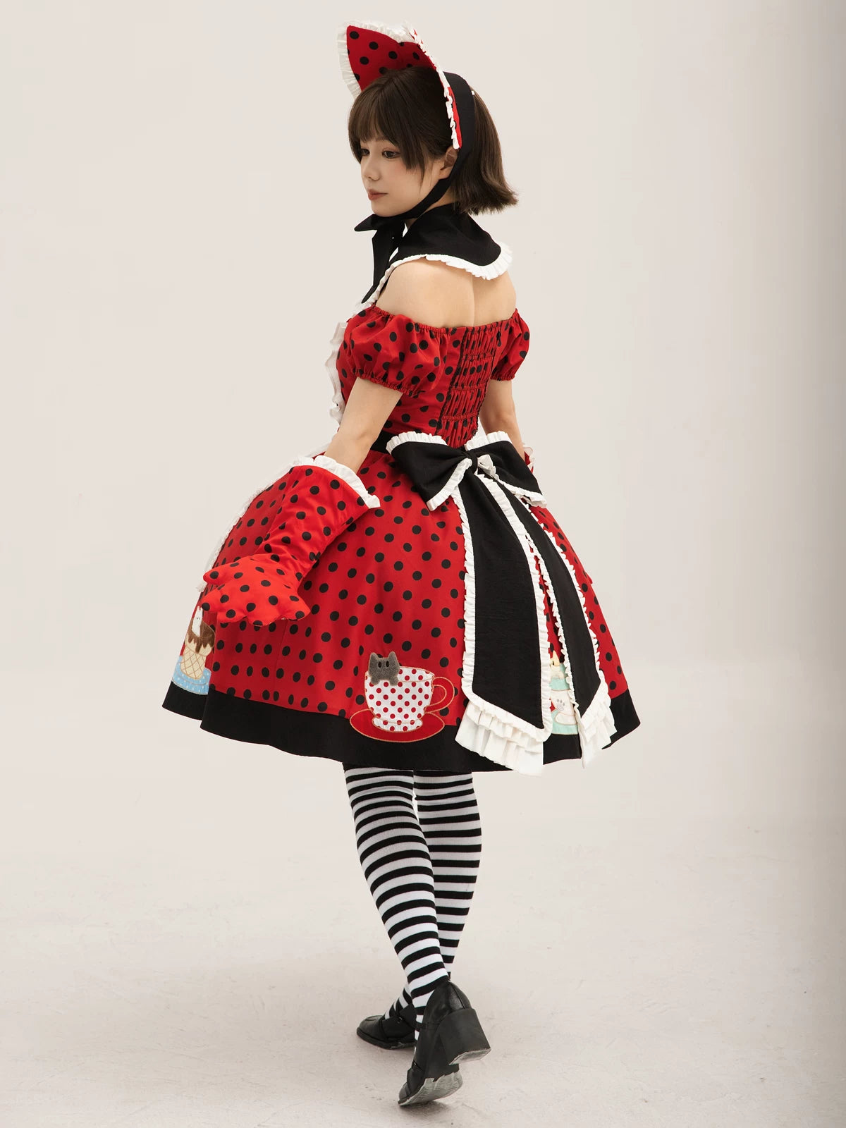 Teacup Meow - Old School Lolita Polka Dot OP Dress, Cat and Teacup Patch 45490:852669