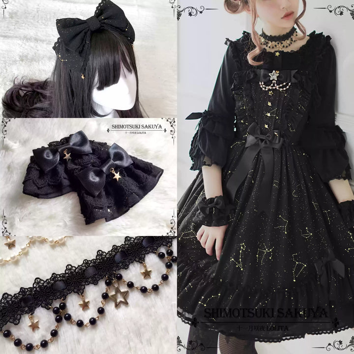 Sakuya Lolita~Whisper Of Stars~Constellation Foil Printing Elegant Lolita High Waist JSK Dress Black Regular Waist JSK + KC+Cuffs+ Choker Star Lace Hem Dress (without blouse) 