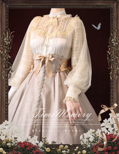 Time Memory~Misty Flower Weave~Elegant Lolita Shirt Stand Collar Mutton Sleeve Blouse beige brooch S 