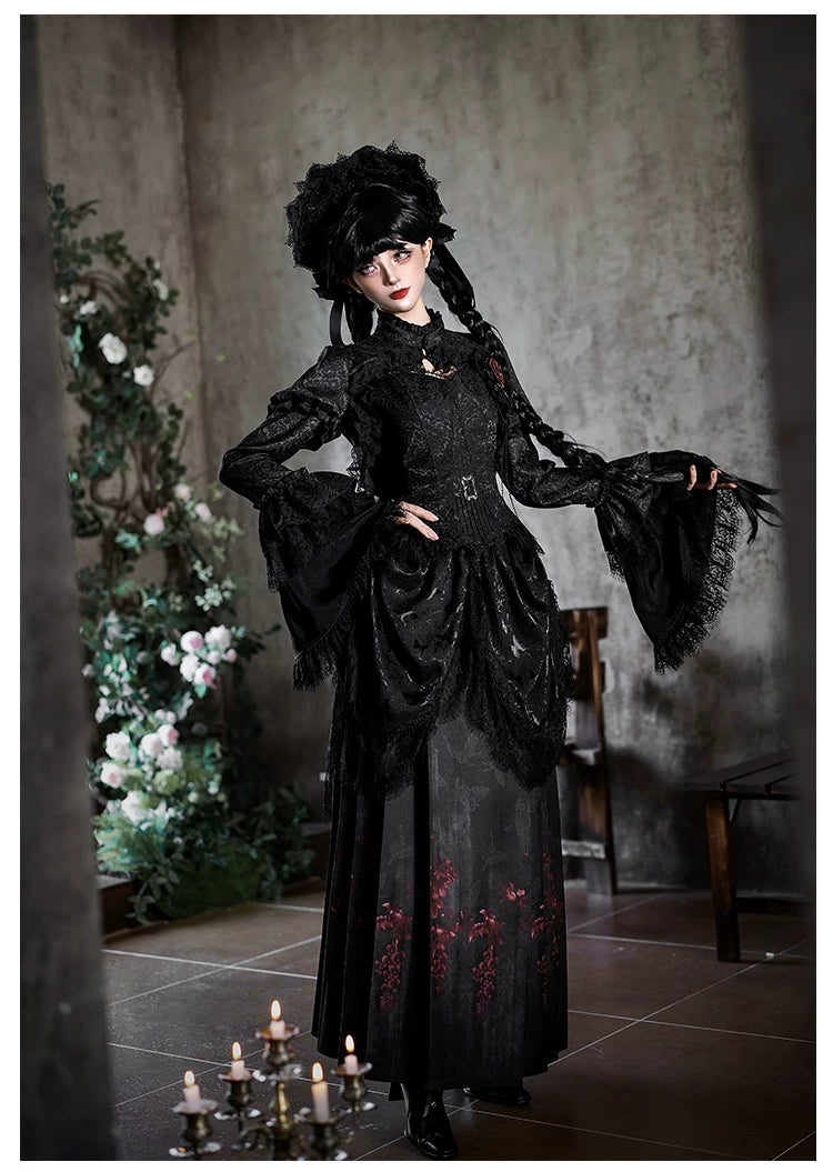 Under the Hanging Moon - Black Gothic Lolita SK Set, Modified Mamian Skirt