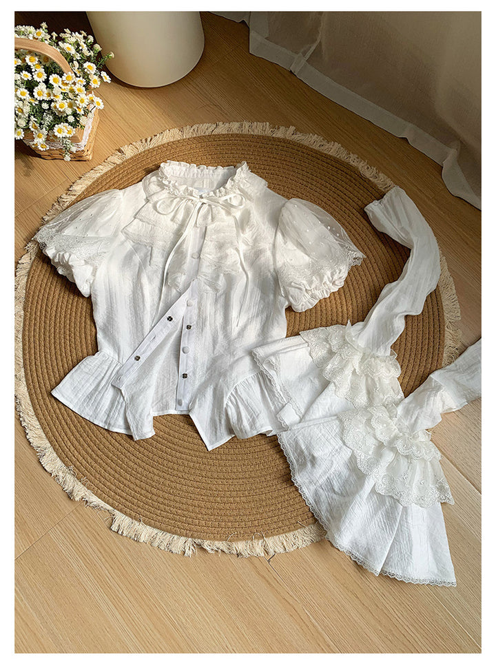 With PUJI~Anna~Classic Lolita Shirt with Lace Embroidery and Princess Sleeves White shirt with detachable sleeves S