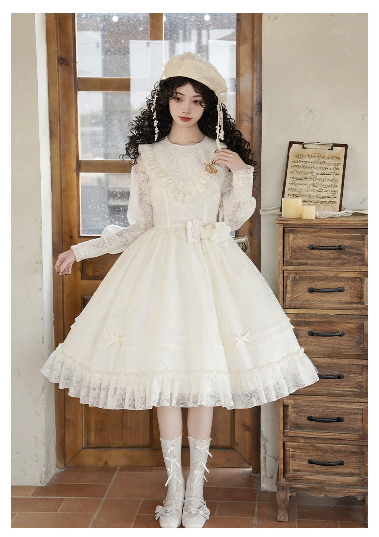 With PUJI~Floral Melody~Ivory Classic Lolita Long Sleeve OP Dress with Layered Bolero 42461:740968