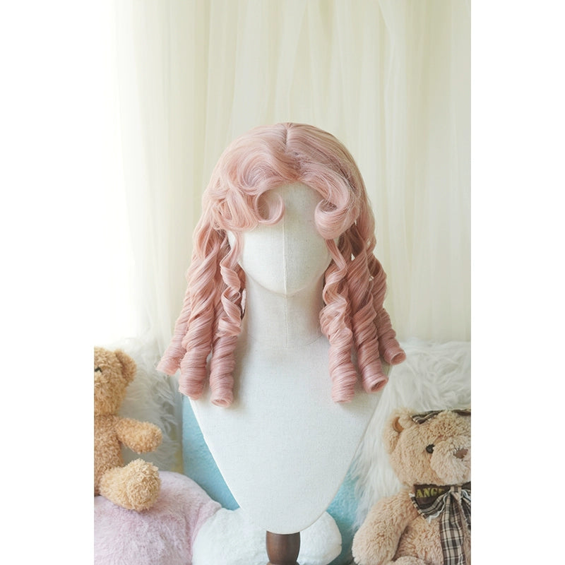 Imperial Tea~Retro Lolita Wig Short Roman Curl Hairpiece Grapefruit pink curly bangs with hairnet