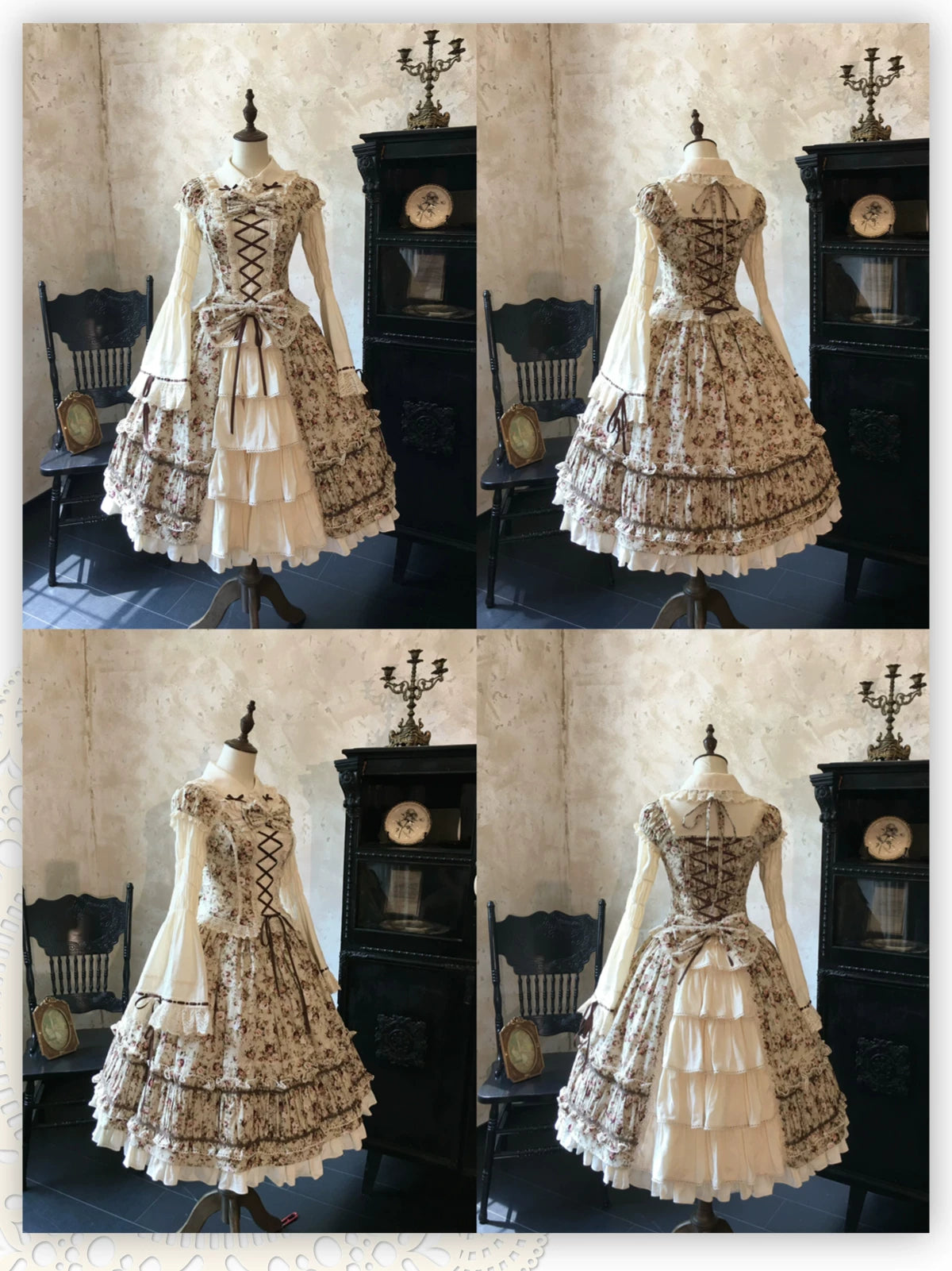 Old Rose Garden - Cotton Old School Lolita Top & Skirt Set, Floral Print 45886:866521