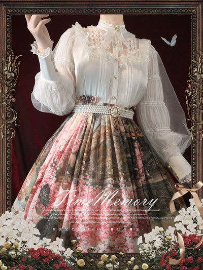 Time Memory~Misty Flower Weave~Elegant Lolita Shirt Stand Collar Mutton Sleeve Blouse white brooch S 