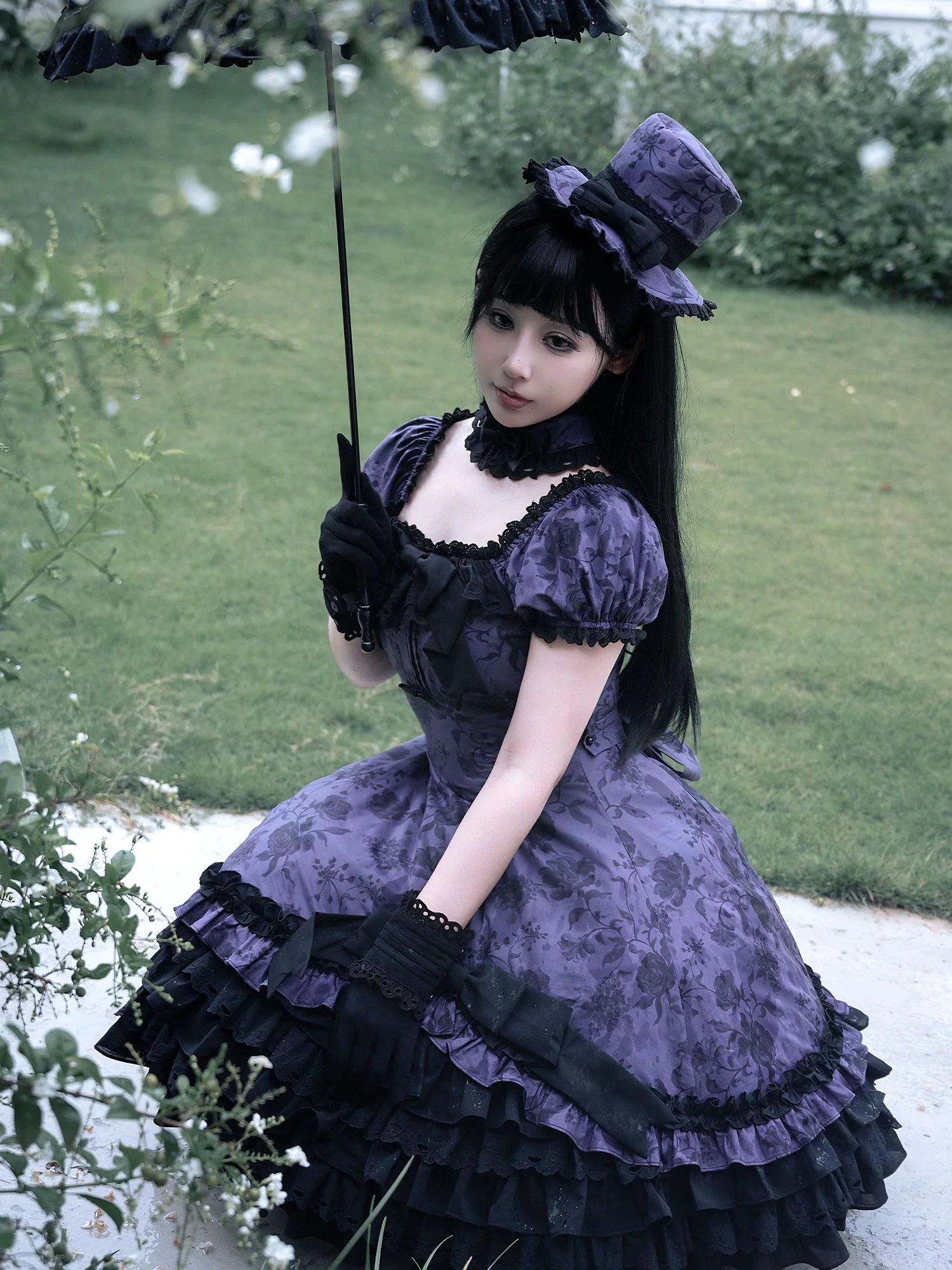 Bliss Bouquet - Cotton Old School Lolita Dress, Rose Print and Layered Hem 45656:857185