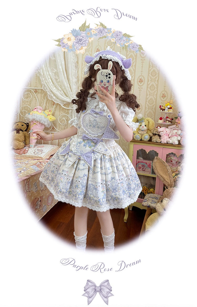 Akiyama Future Studio~Rose Cat~Sweet Lolita Salopette Floral Print Dress   