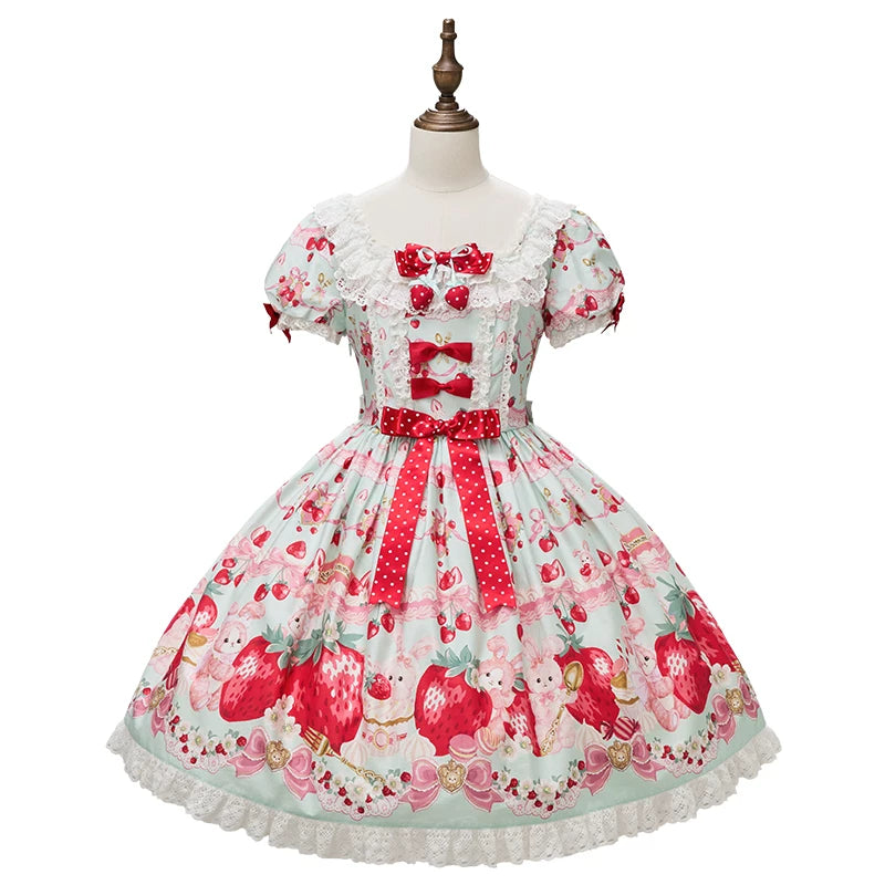 Strawberry Momo Party - Sweet Lolita OP and JSK, Strawberry Print and Cake Embroidery (L M S XL XS) 45548:853163