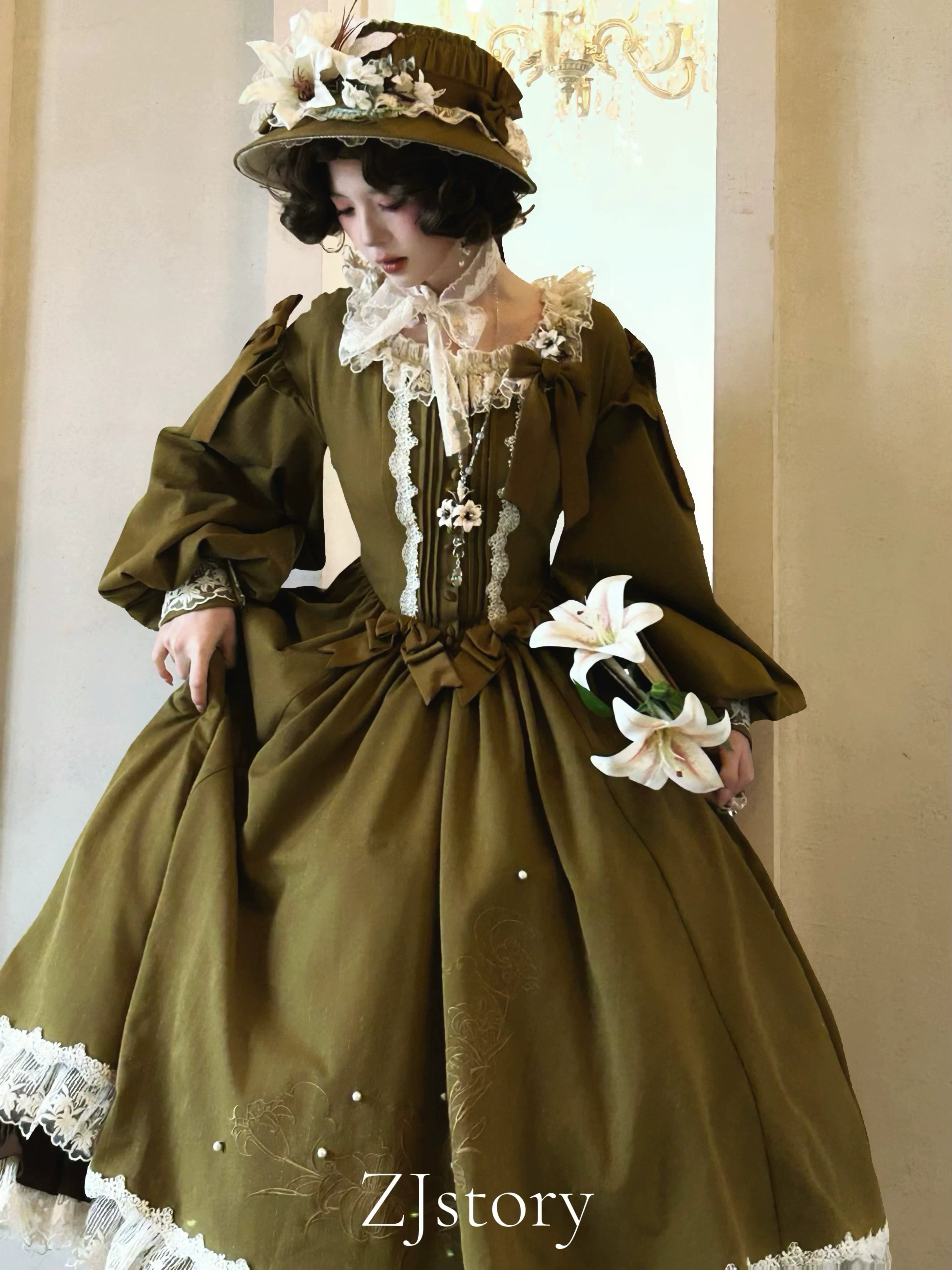 Embroidered Classic Lolita OP Dress, Lace Trim Shirt 45209:840245