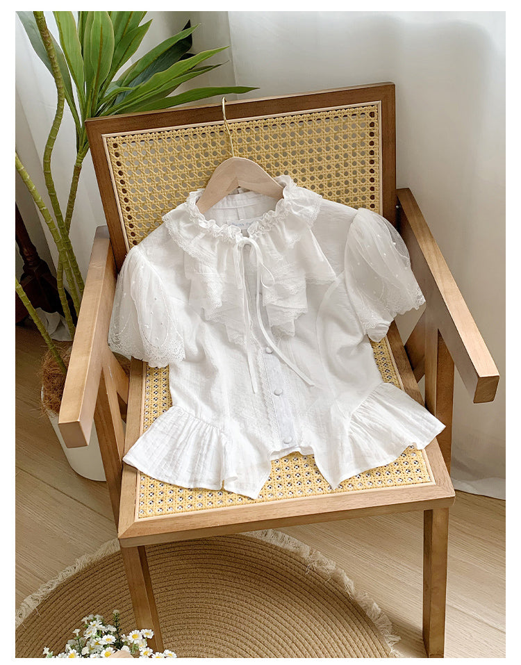With PUJI~Anna~Classic Lolita Shirt with Lace Embroidery and Princess Sleeves