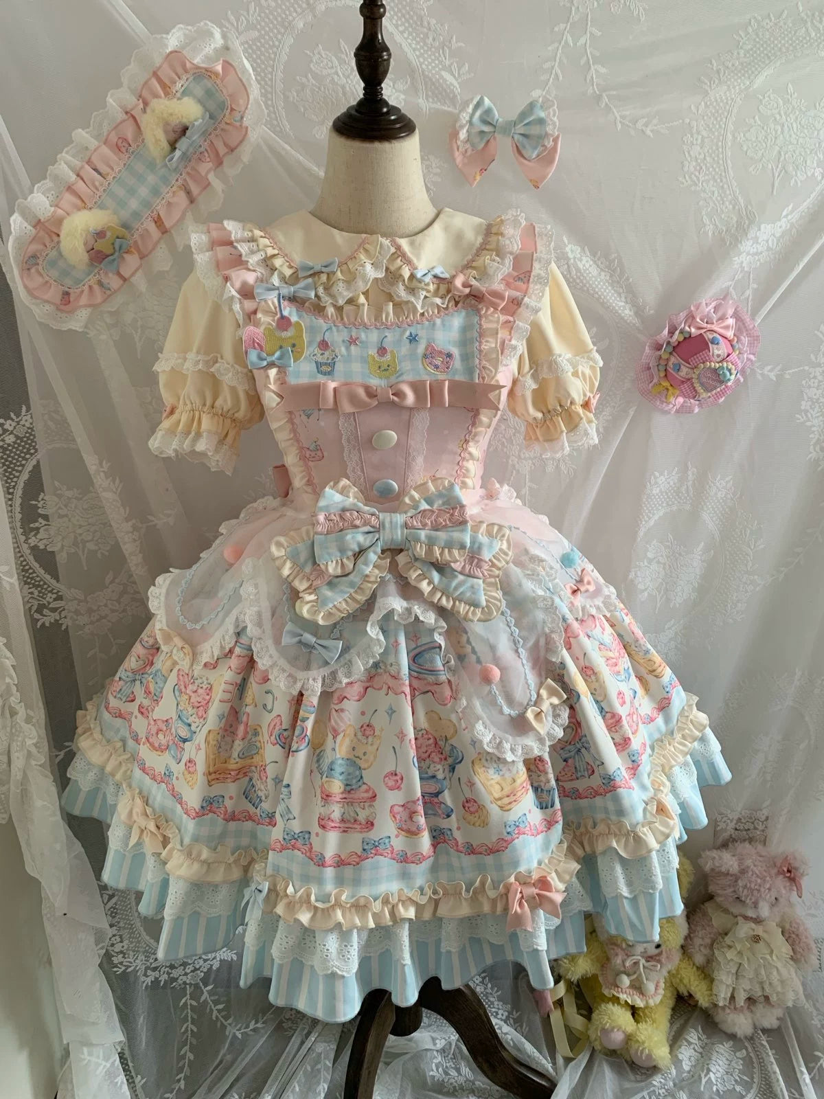 Sweet Cat Fruit Candy - Sweet Lolita Dessert Printed JSK Dress, Bows & Ruffles Fulll Set (JSK + Blouse +Hairband + Bow Trailing + A Pair of Hairpins) S