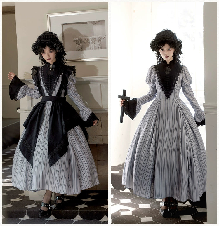 With PUJI~Nocturne SP~Striped Gothic Lolita OP Twin Lolita Dress with Apron