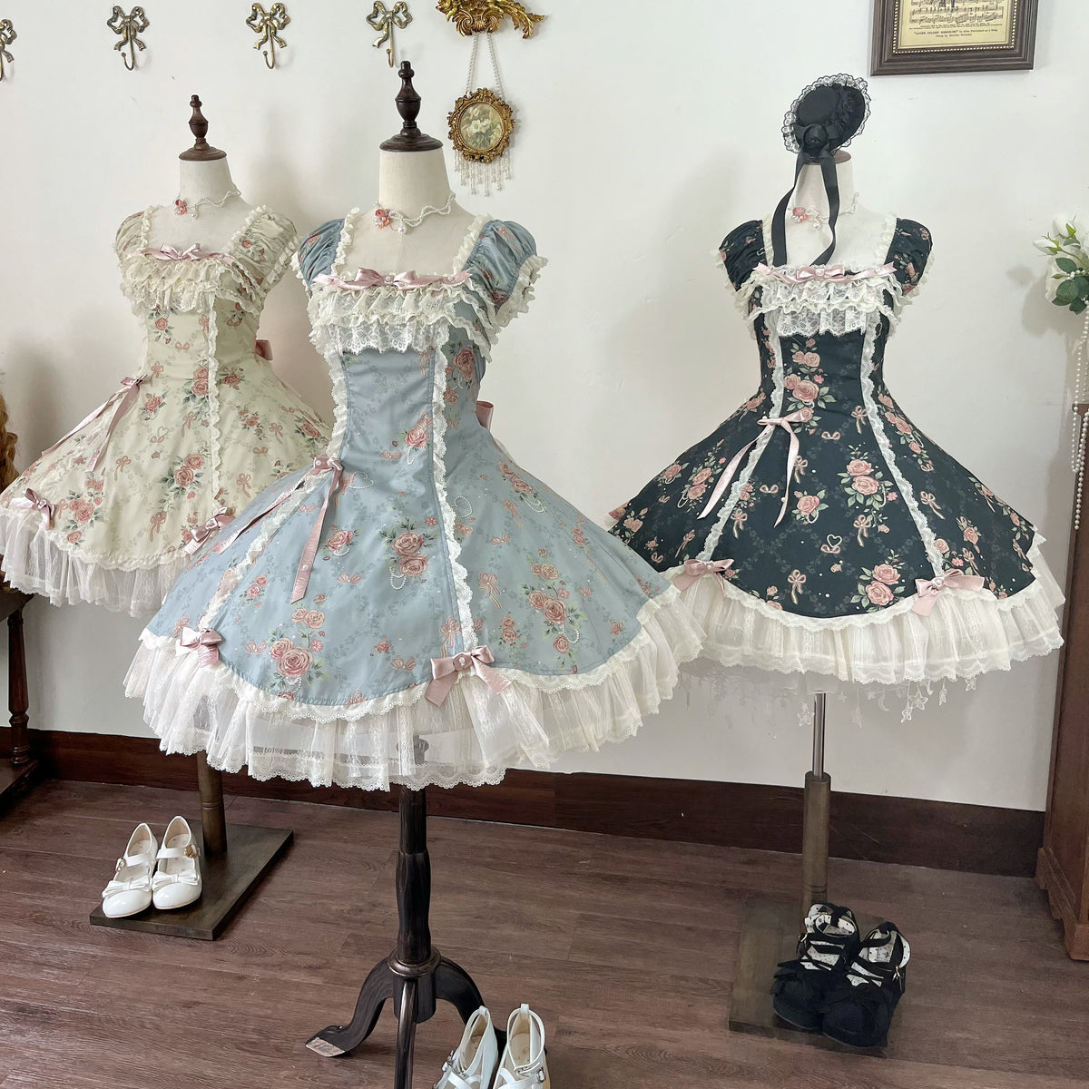 Pearl & Rose - Old School Lolita Floral Print Lolita OP Dress, Back Opening 45925:868413