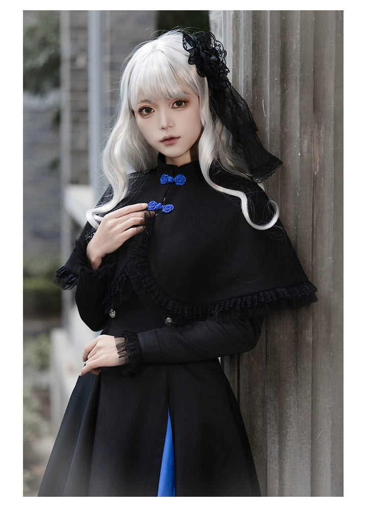 (BFM)With PUJI~Night Serenade~Retro Lolita Cloak Color-Blocked Blue and Black Cape OP Set   