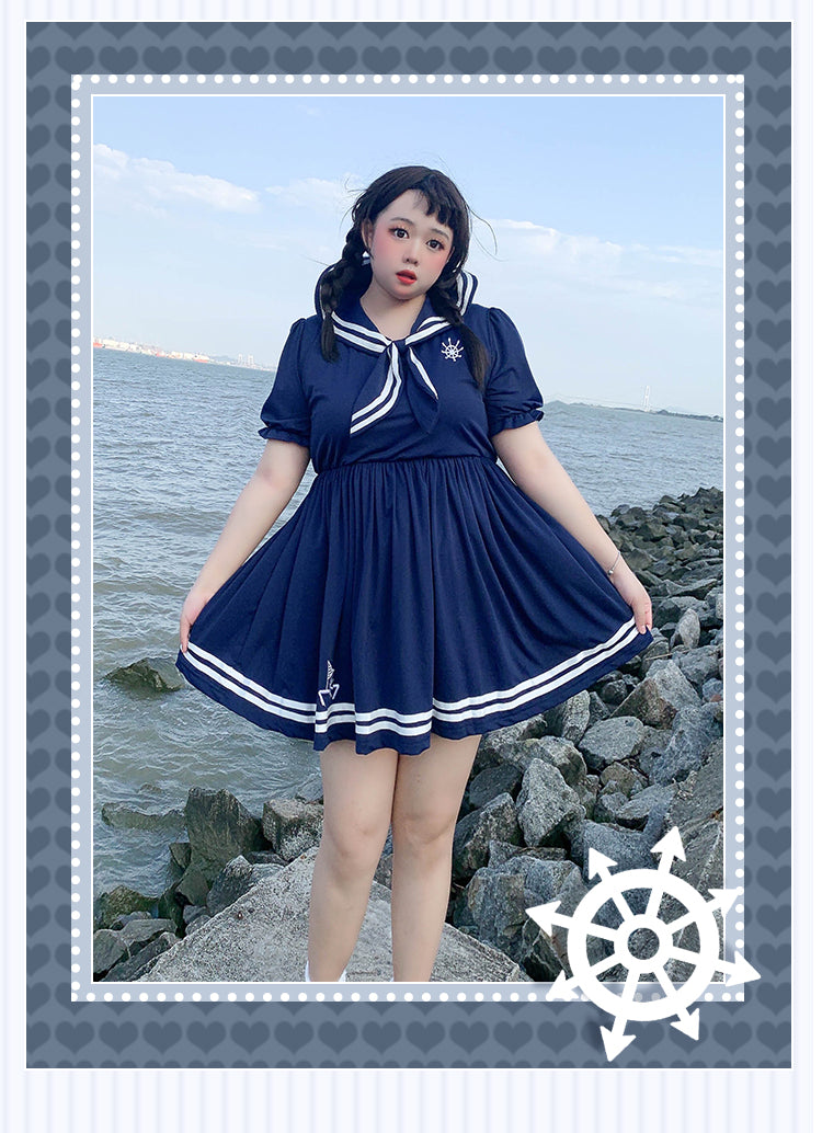 Niu Niu~Plus Size Lolita Dress Navy Sailor Swimsuit Short Sleeve XL dark blue swimsuit 