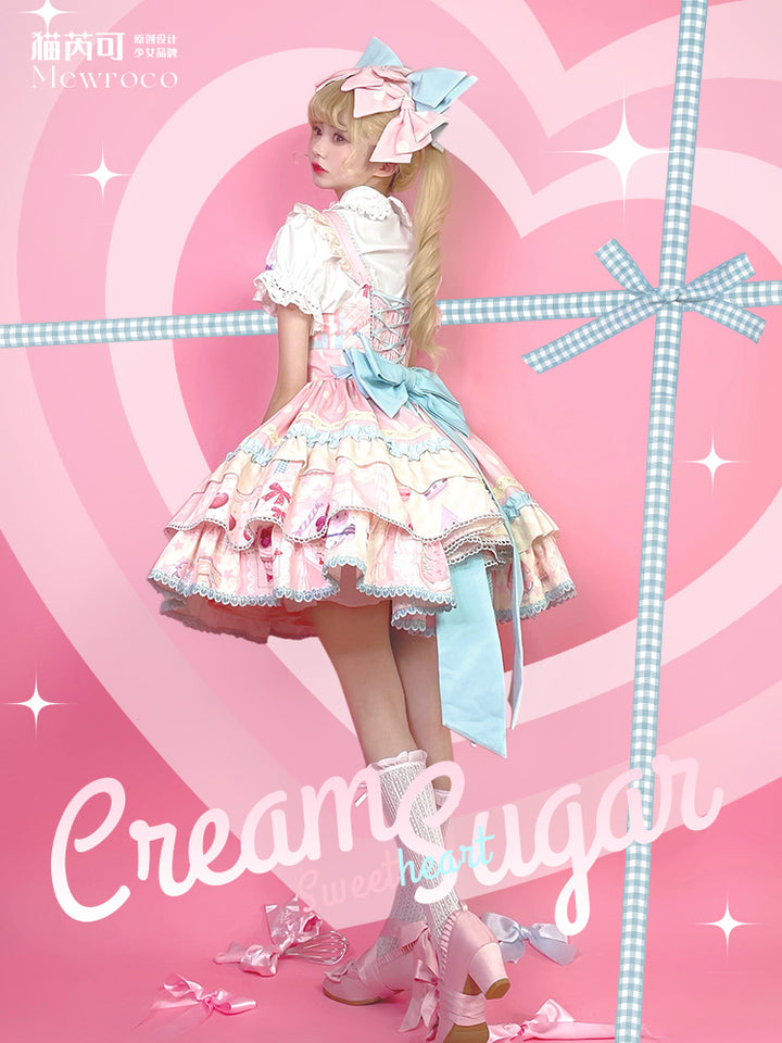 Mewroco~Cream Sugar~Sweet Lolita Flounce Hemline JSK S Big Pink Polka-dot Bowknot Side Clip 