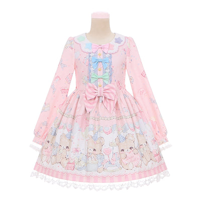 (BFM)To Alice~Dear Dolls~Sweet Lolita OP Dress Petal Collar Bear Print Long Sleeve size 0 Pink dress 