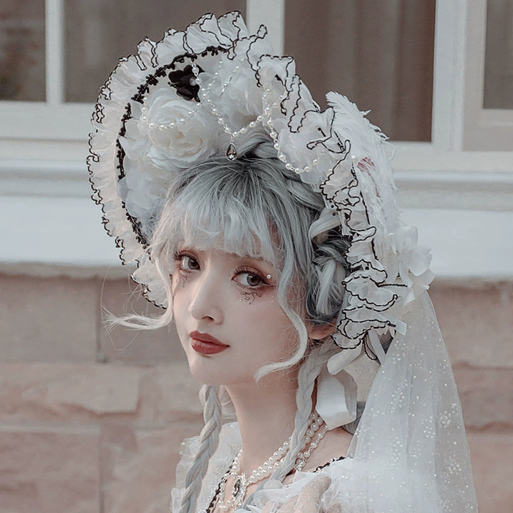 Cat Fairy~Dark Starry Night~Wedding Lolita Bonnet Bridal Mesh Gloves and Necklace Bonnet + 1.2m non-detachable veil