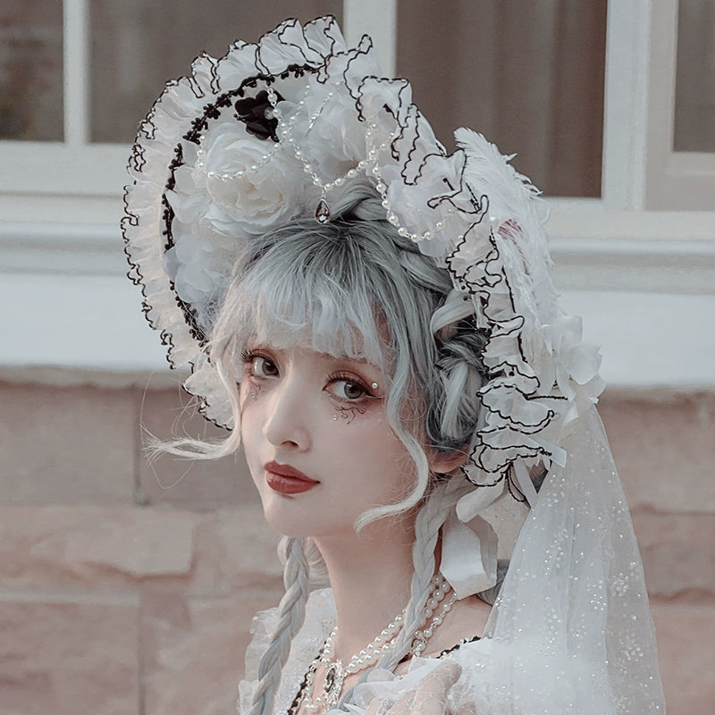 Cat Fairy - Dark Starry Night - Wedding Lolita Bonnet Bridal Mesh Gloves and Necklace Bonnet + 1.2m non-detachable veil
