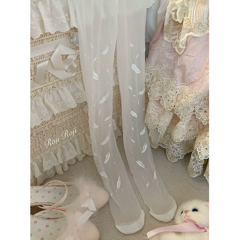 Roji Roji - Sweet Lolita Tights Women Feather Print Pantyhose White Height (150-170 cm)