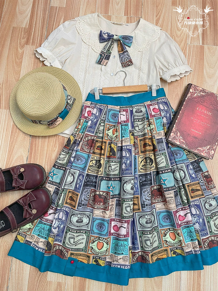 Miss Cube - Antique Label - Retro Lolita Skirt American Half Skirt Customized Antique Print