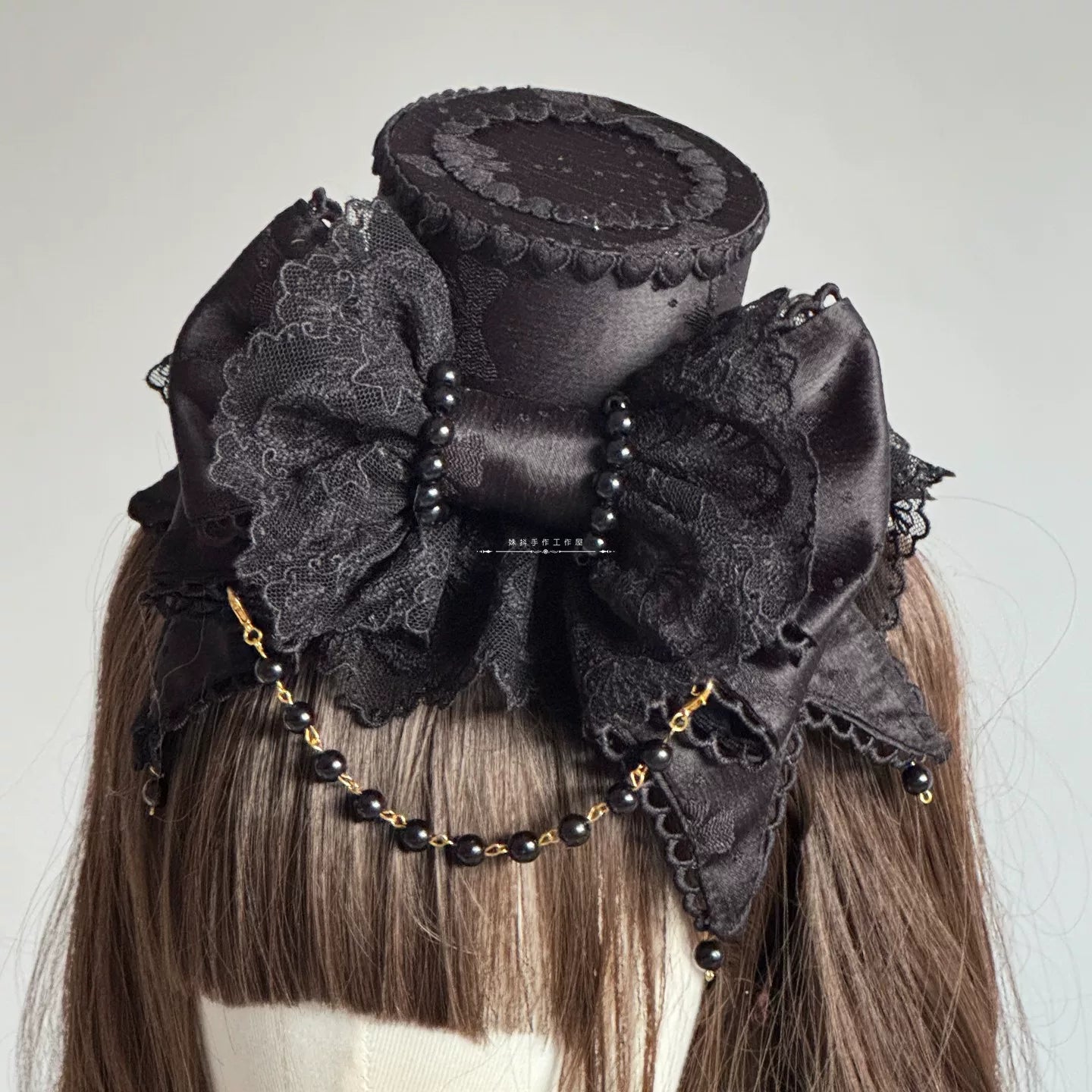 Sweet Lolita Bowknot Top Hat, Lace & Pearl Detail