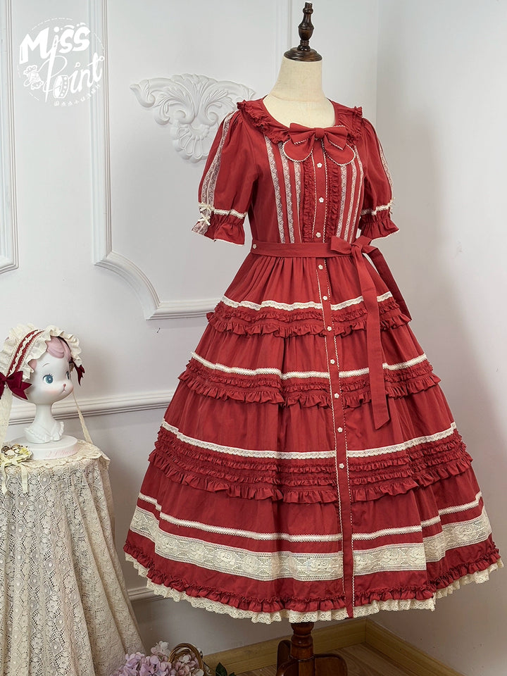 Miss Point~Cat Rose Tea~Elegant Lolita OP Open-front Short Sleeve Tiered Dress 42135:727832