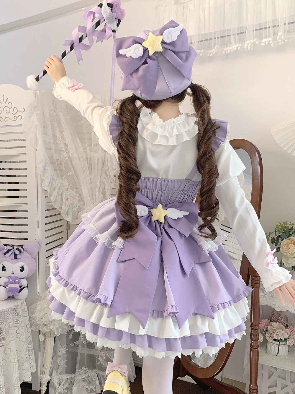 Sugar Girl~Little Star Wing~Sweet Lolita JSK Summer Lolita Dress S purple jsk+backing bow+blouse+hat 