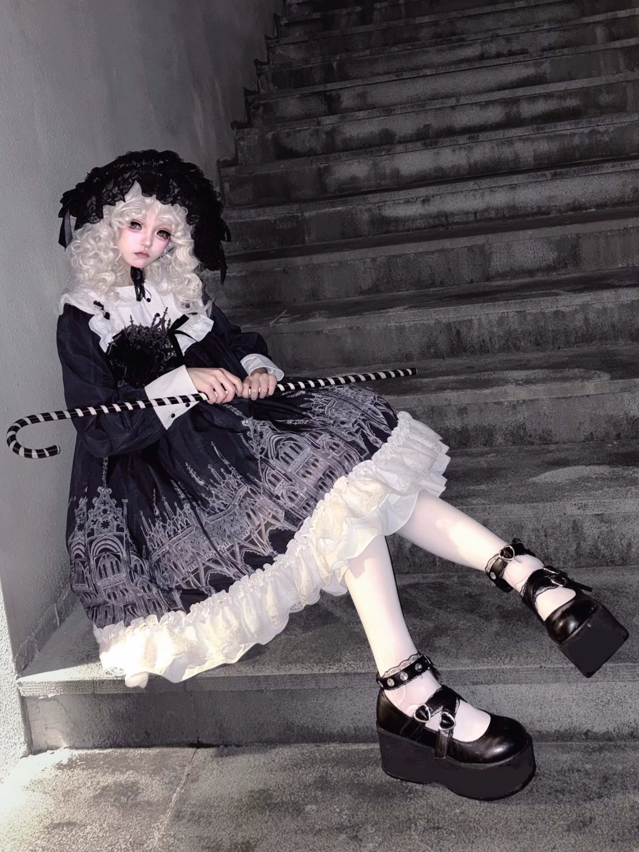 Silent Spire - Gothic Lolita Cathedral Print JSK & OP Dress Set, Side Pockets 45921:868116