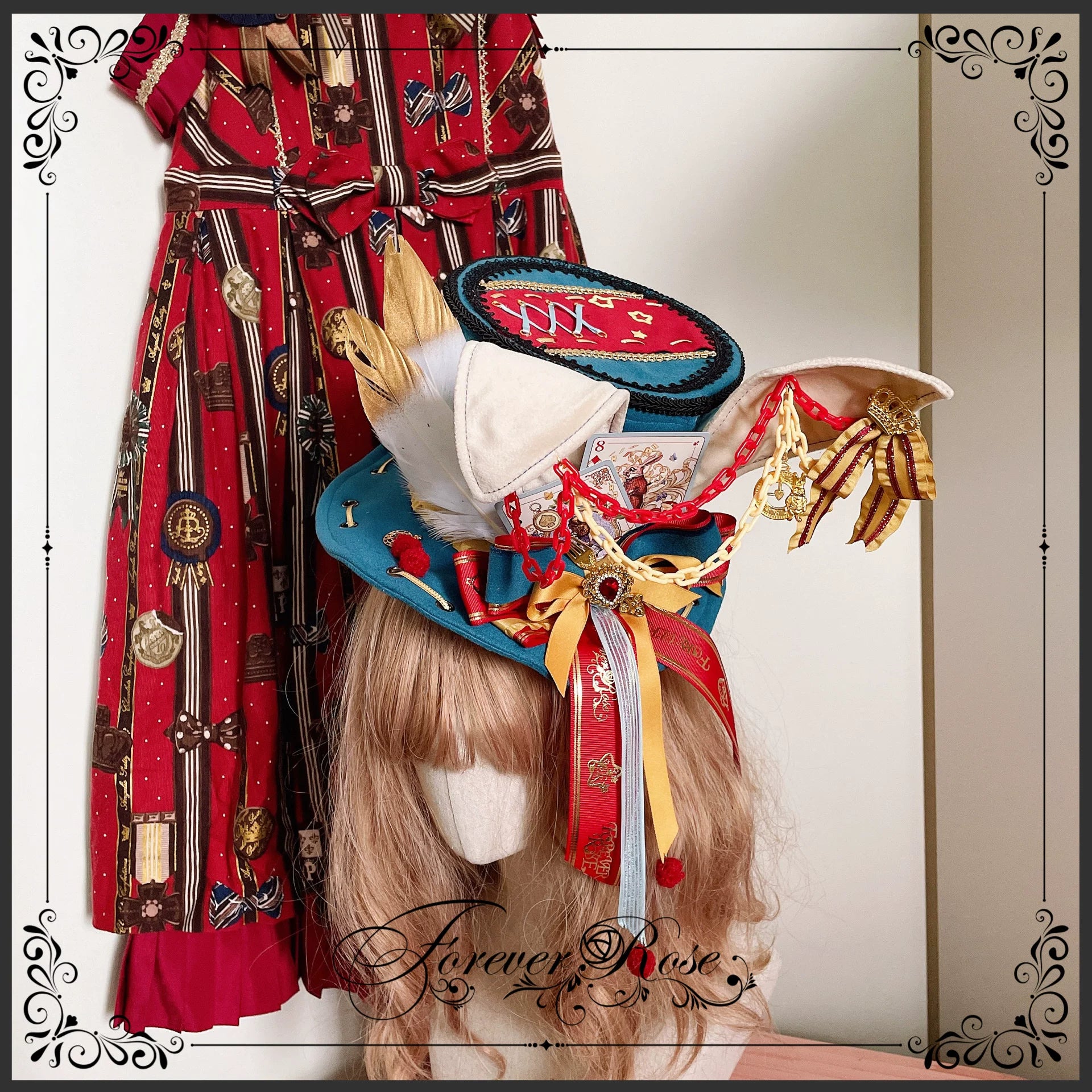 Circus-inspired Lolita Top Hat, Bunny Ear Blue-green - Big Top Hat (with fixed clips / in stock)