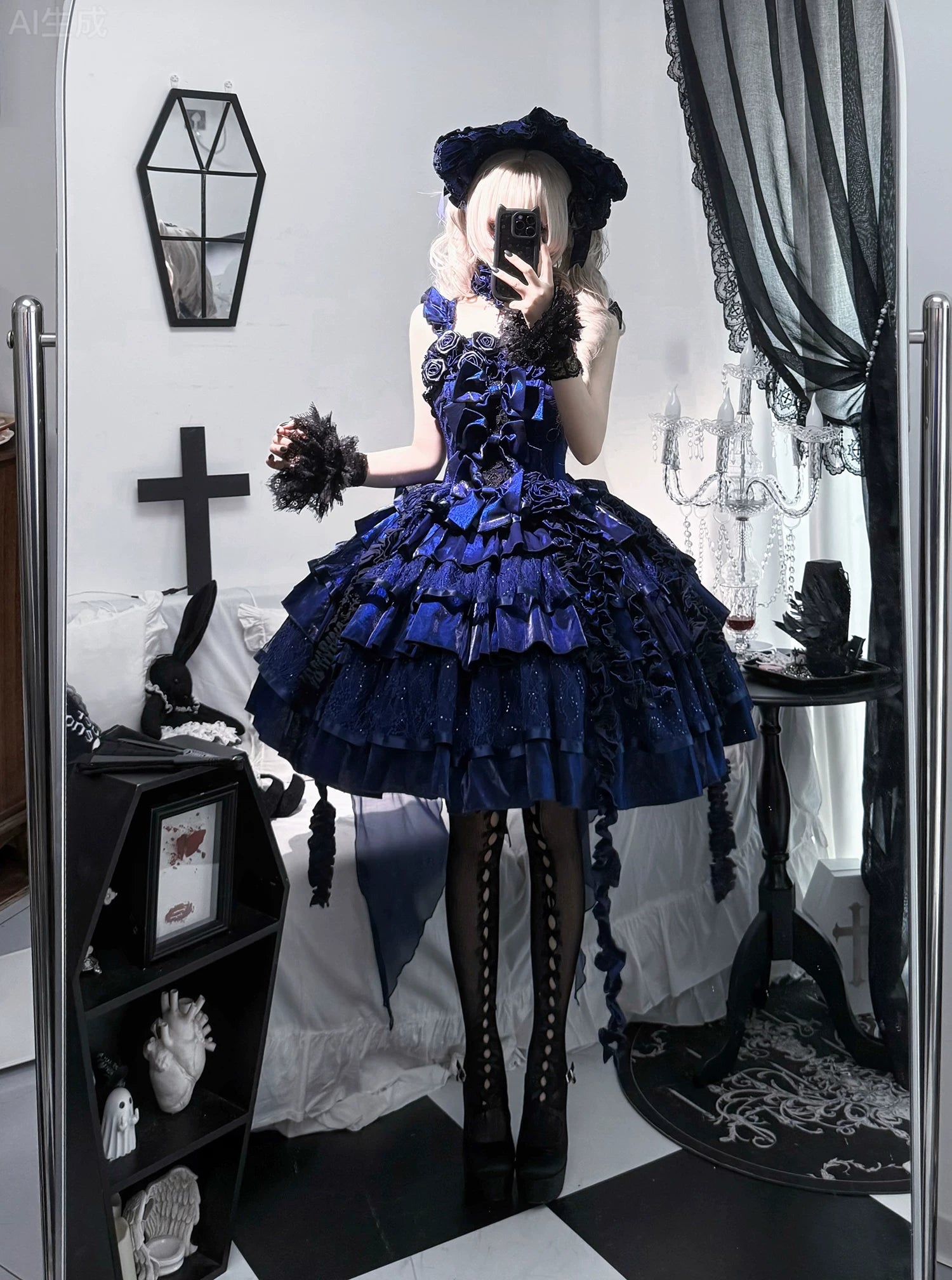 Eternal Night Rose - Gothic Lolita Doll Style JSK Dress, Tiered Ruffles