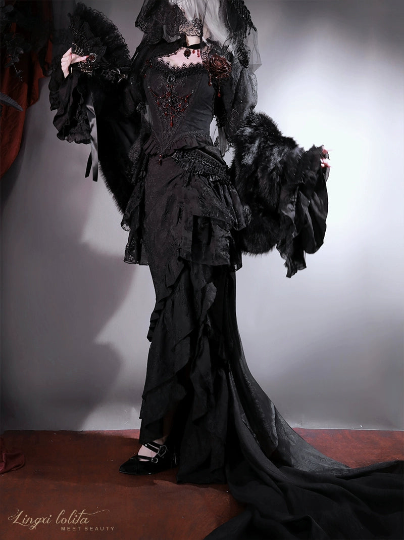 Lingxi Lolita~Lord of the Night~Gothic Lolita Skirt Suit Mermaid Skirt and Fishbone Bodice 42159:730286