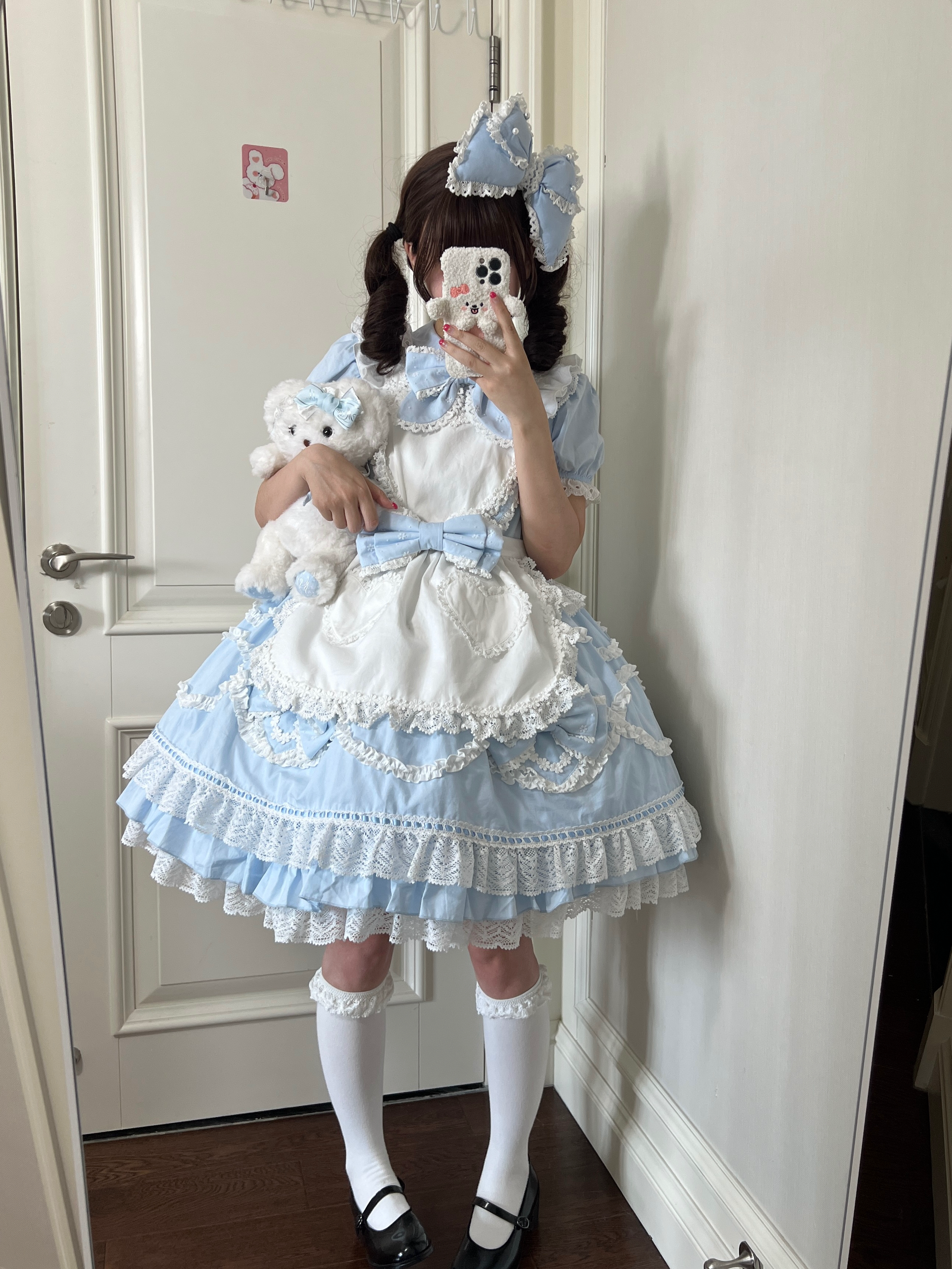 Creamy Sweet Bunny - Cotton Old School Lolita Bunny Ear OP Dress with Bows Blue OP + Blue KC + White Apron S