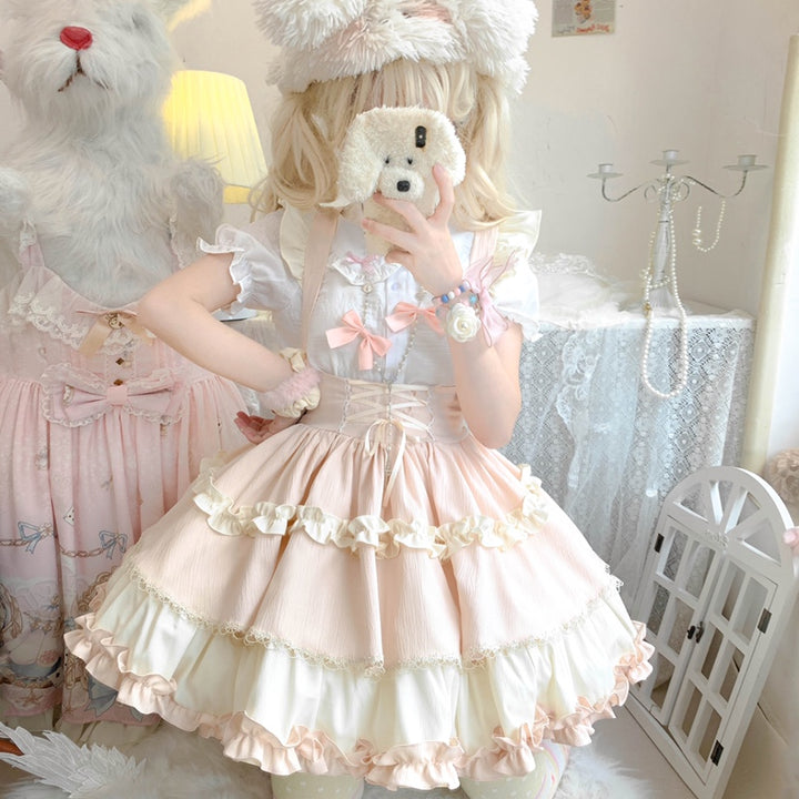 Qianmu~Lollipop~Kawaii Lolita Suspender Mini SK with Tiered Ruffle and Multicolor (L M S) 42407:739228