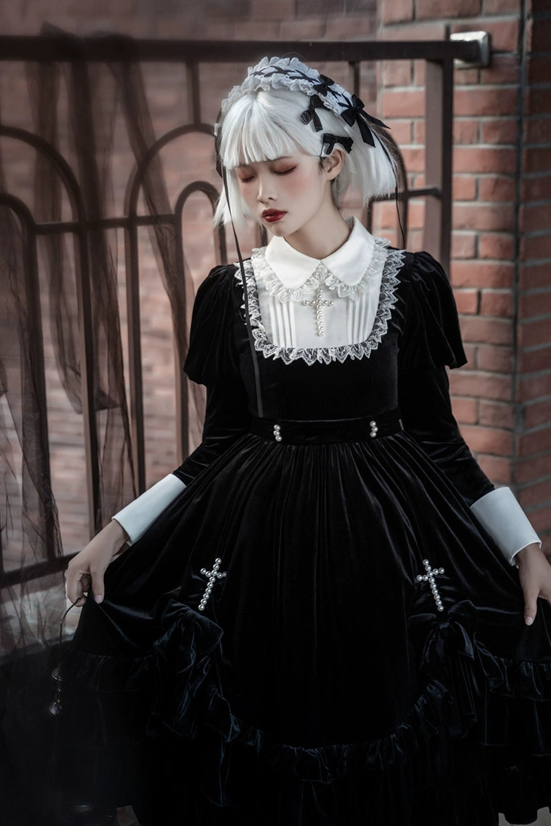 Your Princess - Gothic Lolita Velvet Maid OP Dress, Pearl Cross Accents 44047:794488
