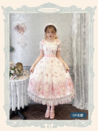 Alice girl~Night Rose~Elegant Lolita OP Dress Floral Print Dress Short Sleeve   