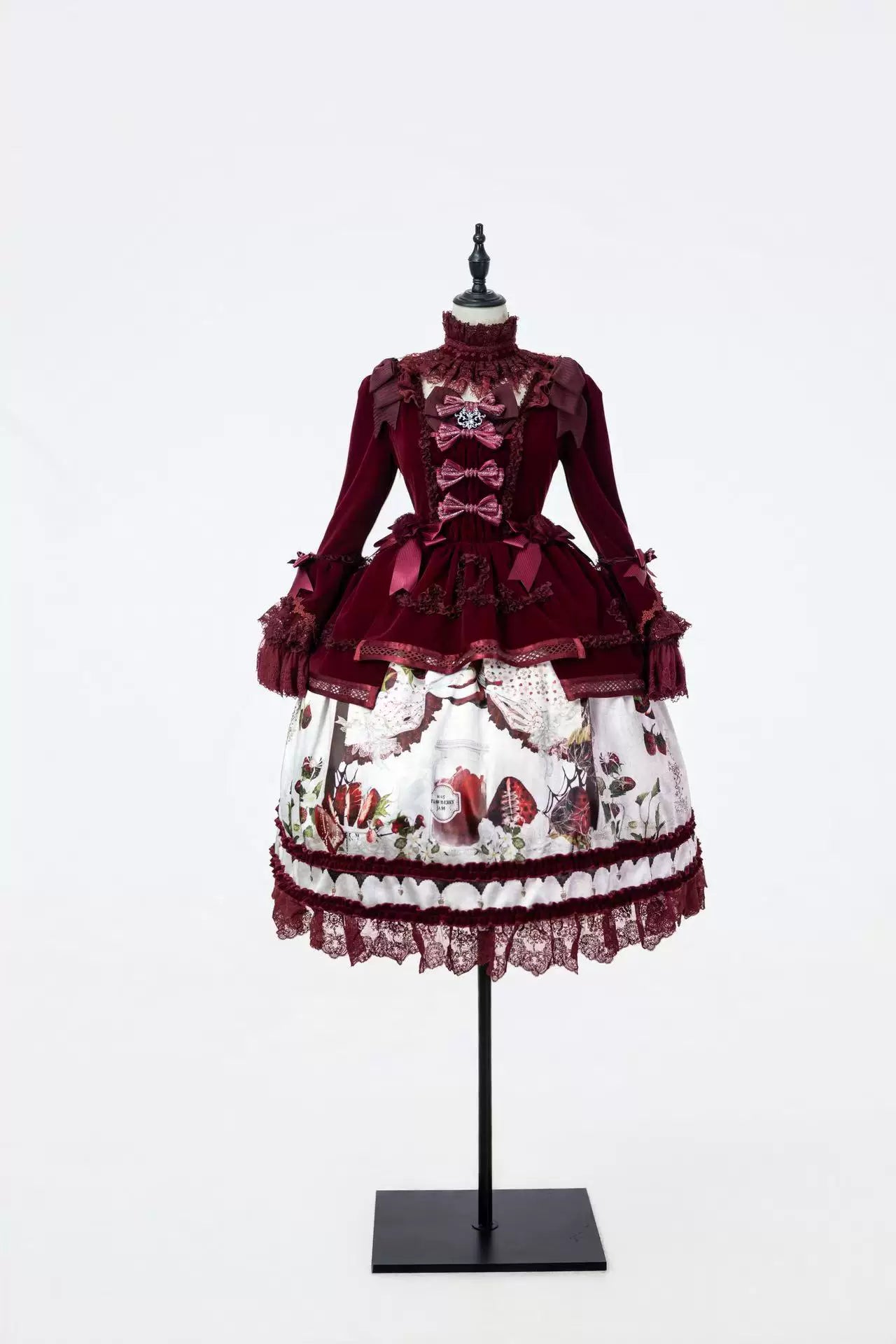 Monster Strawberry Hunt - Gothic Lolita Strawberry Printed Velvet Dress Set (L M S XL XS / Pre-order) 45737:859907