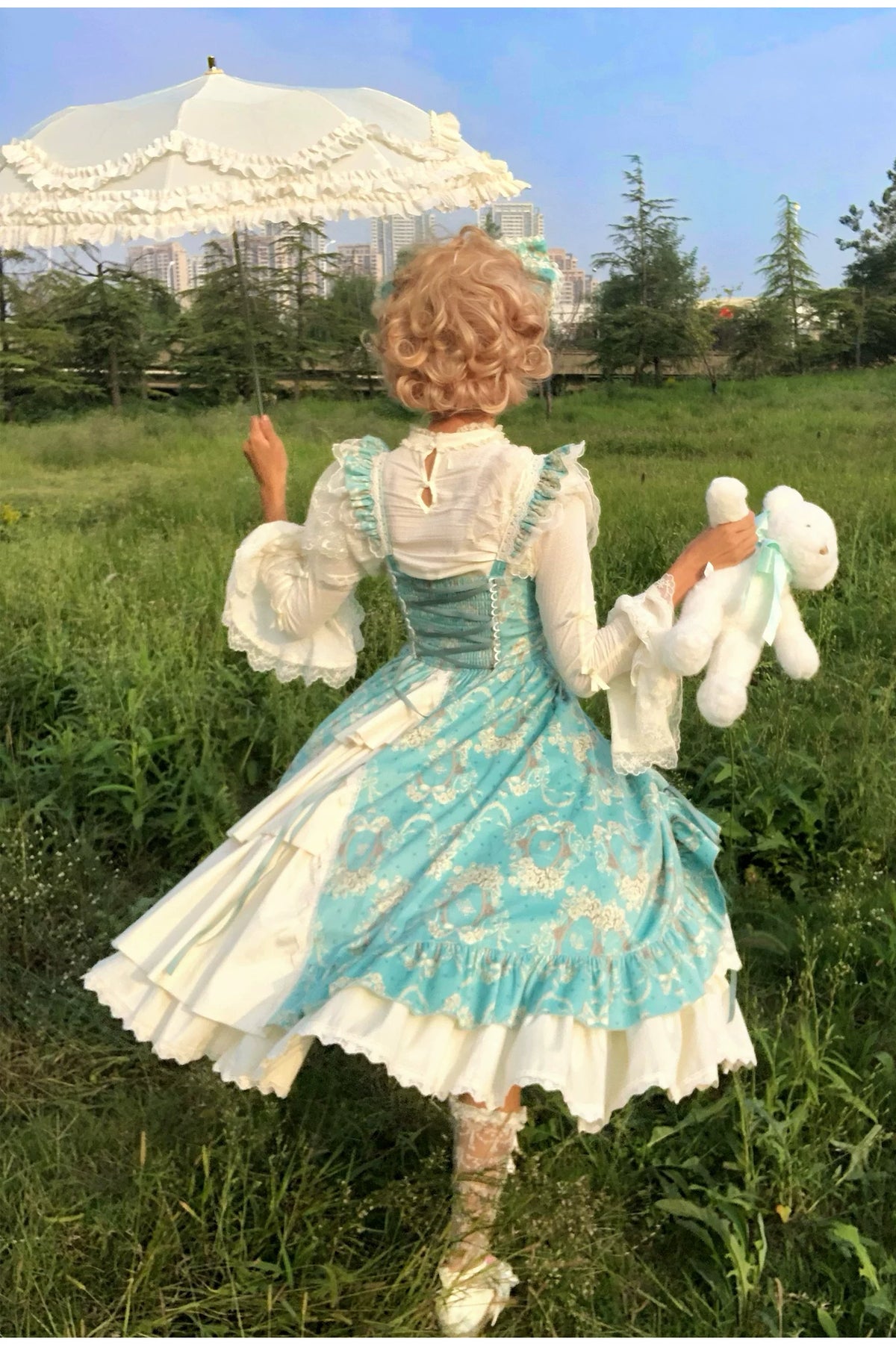 Old Courtyard Floral Letter - Classic Lolita Printed JSK Dress Set, Drawstring Lift-up Hem 46102:875295