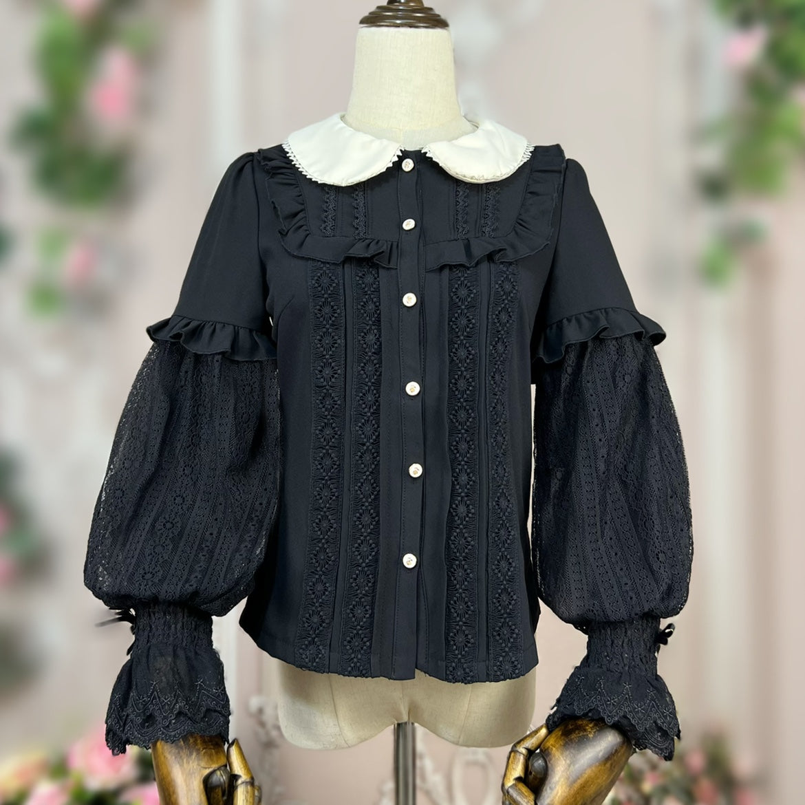 DMFS Lolita - Vintage Lolita Mutton Leg Sleeve Blouse Doll Collar Shirt S Black