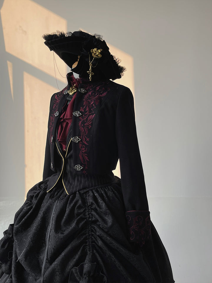 (BFM)ZJstory~Ouji Lolita Embroidery Set Court Style Skirt and Pants S Black Women's SET (Short Jacket + Vest + SK) 