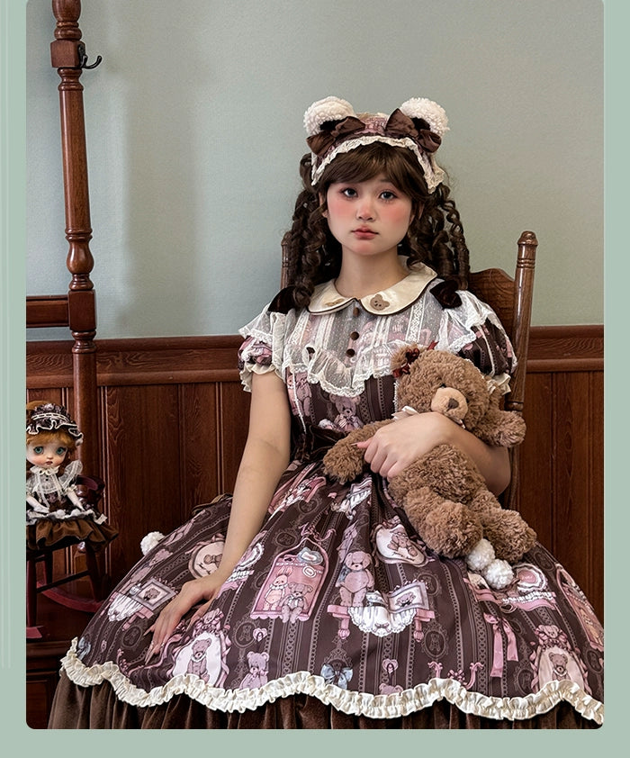 Alice Girl~Bear Doll Wall~Sweet Lolita OP Lovely Bear Print Dress   