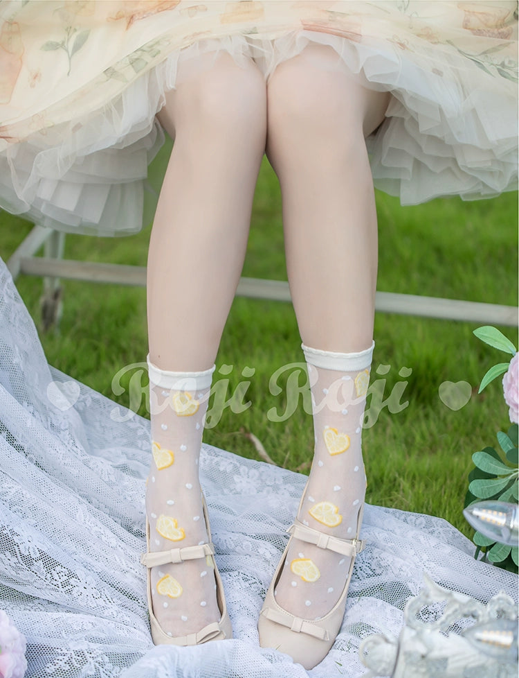 Roji Roji~Heart Beat Lemon~Sweet Lolita Socks Summer Thin Glass Silk Mid-tube Socks   