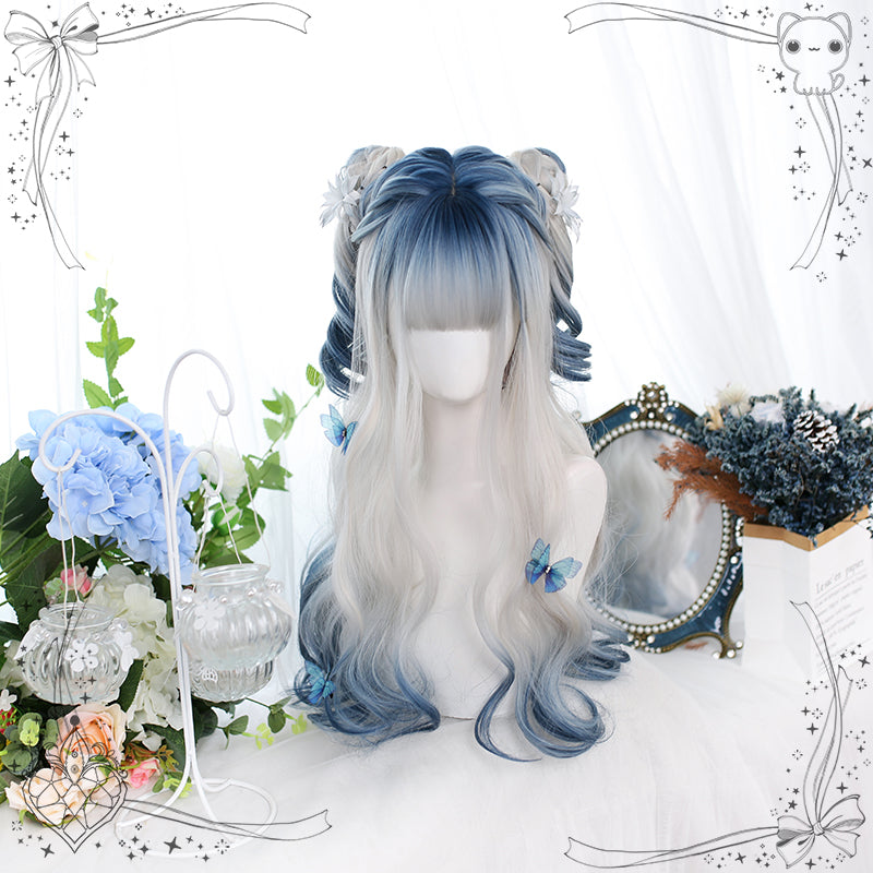 Dalao Home~Ice Curl~Blue Gradient Long Curly Highlights Wig blue  
