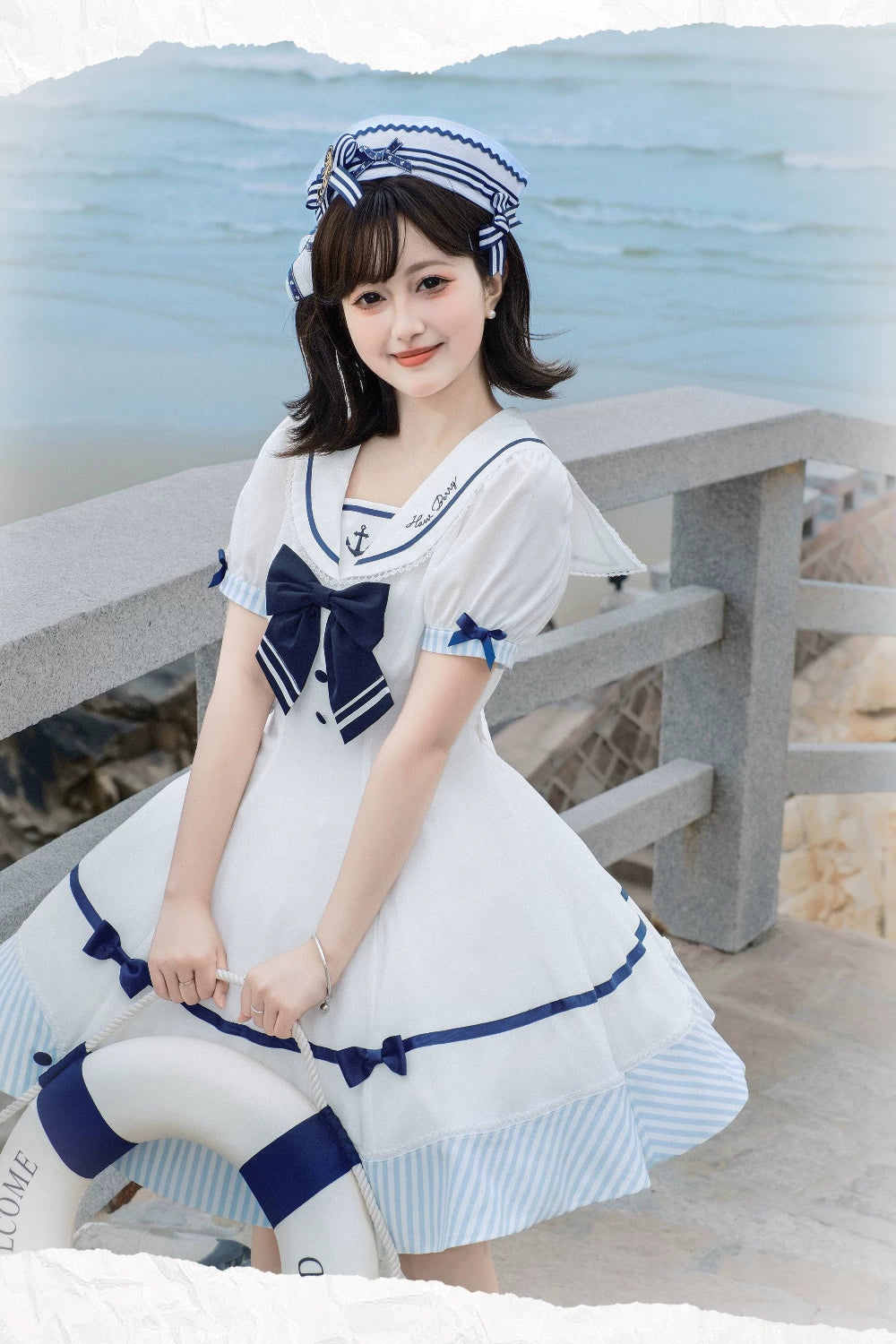 Little Sea Breeze - Summer Sailor Lolita OP Dress with Detachable Bow 45712:859200