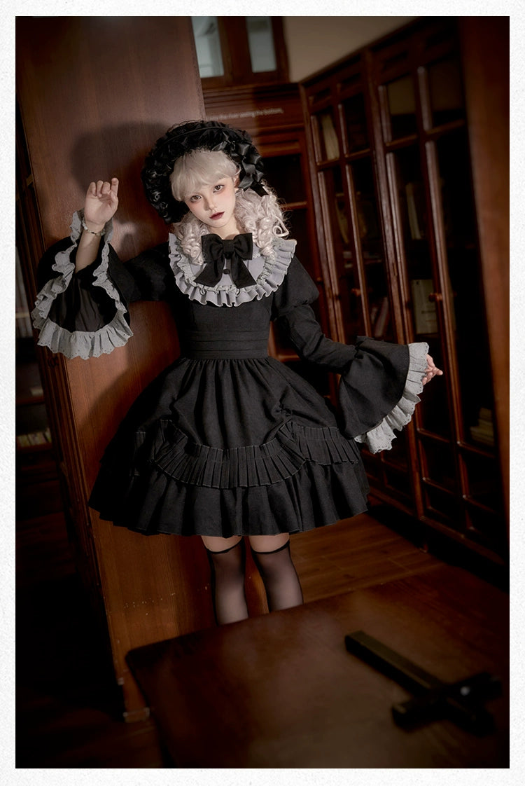 With PUJI~Midnight Chronicles~Black Old School Lolita OP Dress with Princess Sleeve