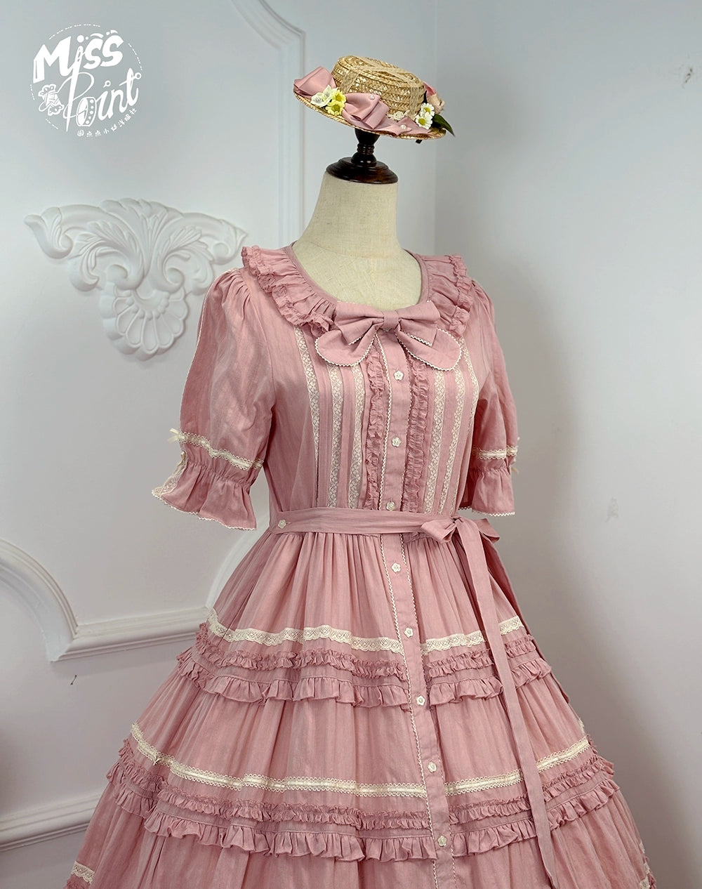 Miss Point~Cat Rose Tea~Elegant Lolita OP Open-front Short Sleeve Tiered Dress 42135:727842